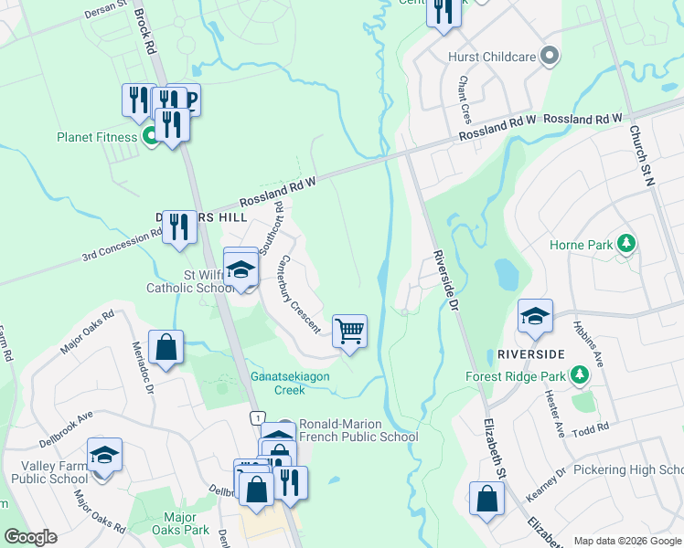map of restaurants, bars, coffee shops, grocery stores, and more near 10 Bunting Court in Ajax