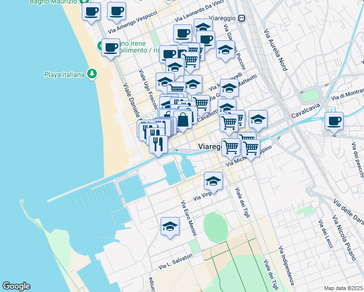map of restaurants, bars, coffee shops, grocery stores, and more near 19 Viale Ugo Foscolo in Viareggio