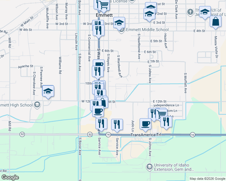 map of restaurants, bars, coffee shops, grocery stores, and more near 400 East 12th Street in Emmett