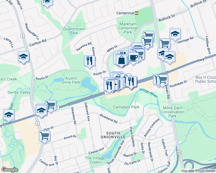 map of restaurants, bars, coffee shops, grocery stores, and more near 610 Bullock Drive in Markham