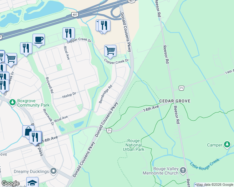 map of restaurants, bars, coffee shops, grocery stores, and more near 44 Turnhouse Crescent in Markham