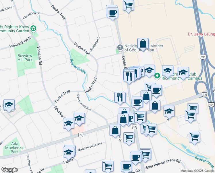 map of restaurants, bars, coffee shops, grocery stores, and more near 68 Frybrook Crescent in Richmond Hill