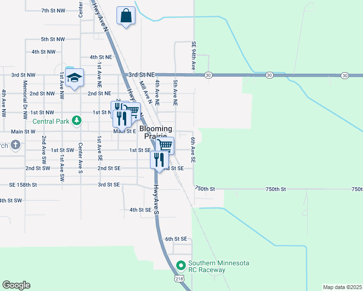 map of restaurants, bars, coffee shops, grocery stores, and more near 618 1st Street Southeast in Blooming Prairie