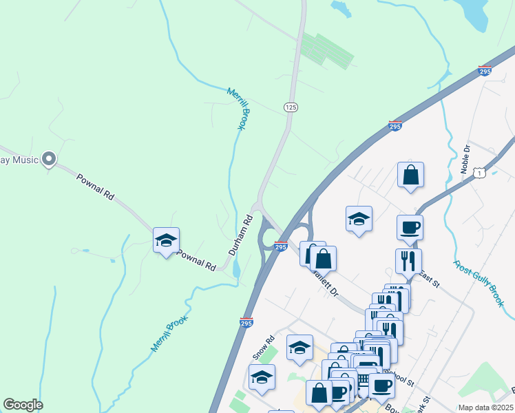 map of restaurants, bars, coffee shops, grocery stores, and more near 23 Maine 125 in Freeport