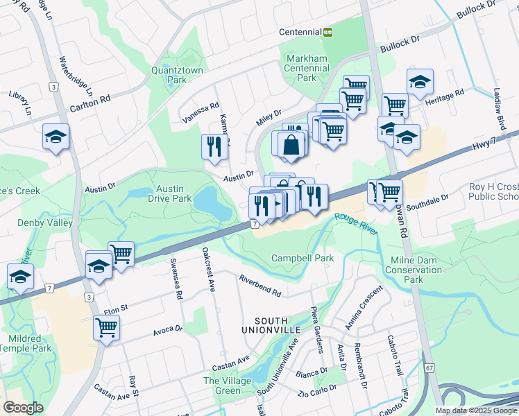map of restaurants, bars, coffee shops, grocery stores, and more near in Markham