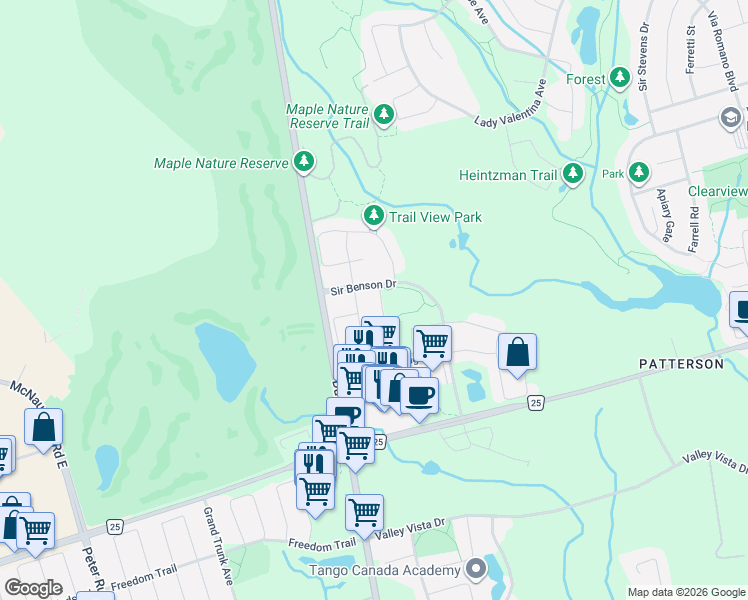 map of restaurants, bars, coffee shops, grocery stores, and more near 68 Alex Black Street in Vaughan