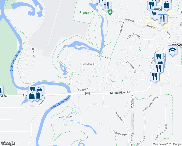 map of restaurants, bars, coffee shops, grocery stores, and more near 17561 Forest Lane in Sunriver