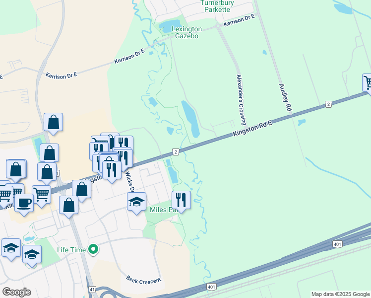 map of restaurants, bars, coffee shops, grocery stores, and more near Kingston Road East in Ajax