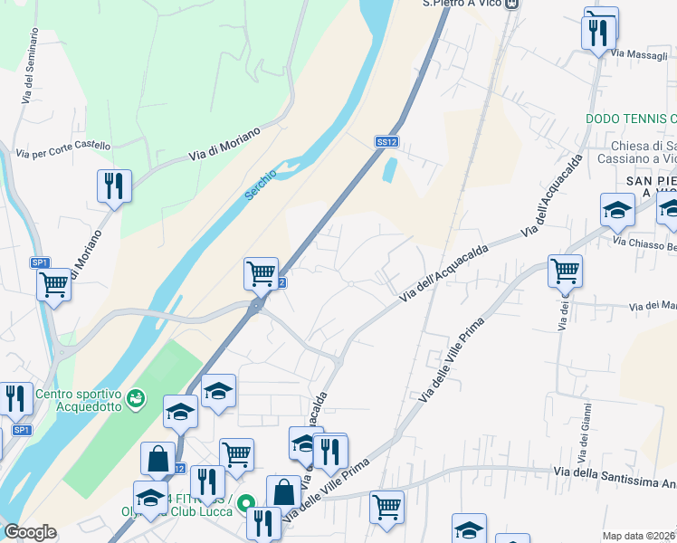 map of restaurants, bars, coffee shops, grocery stores, and more near 141 Via Pasquinetti in Lucca