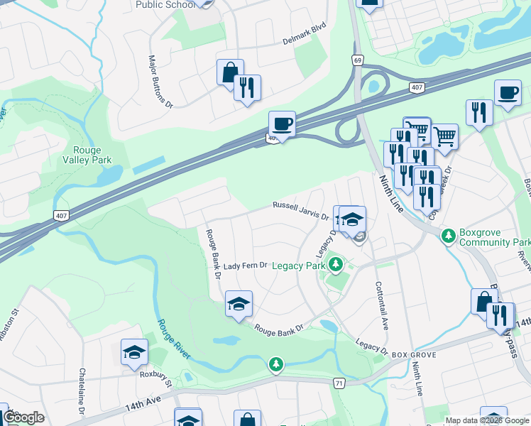 map of restaurants, bars, coffee shops, grocery stores, and more near 131 Russell Jarvis Drive in Markham