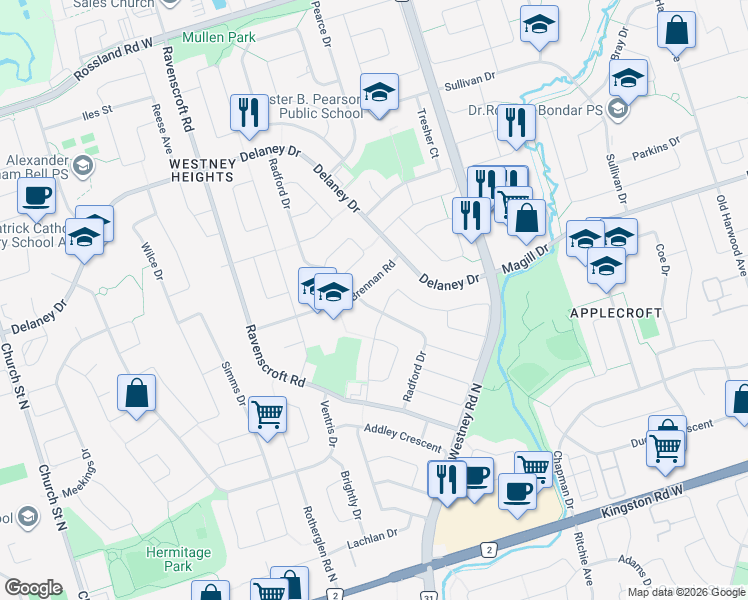 map of restaurants, bars, coffee shops, grocery stores, and more near 57 Radford Drive in Ajax