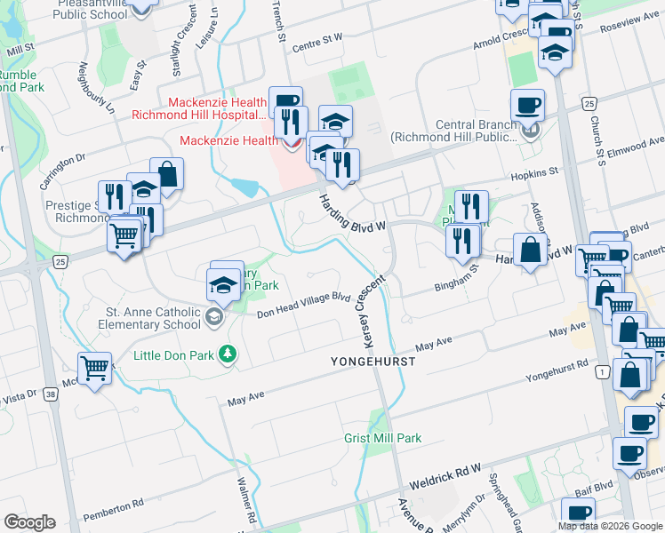 map of restaurants, bars, coffee shops, grocery stores, and more near 18 Lippincott Court in Richmond Hill