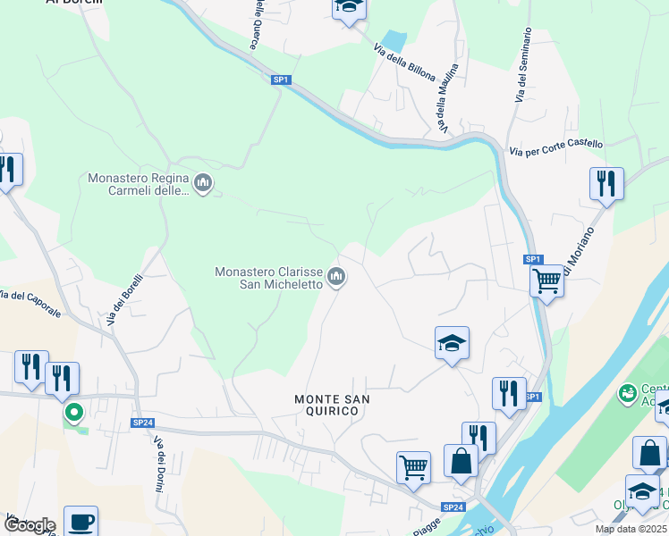 map of restaurants, bars, coffee shops, grocery stores, and more near 835 Via dei Poveri Vecchi in Lucca