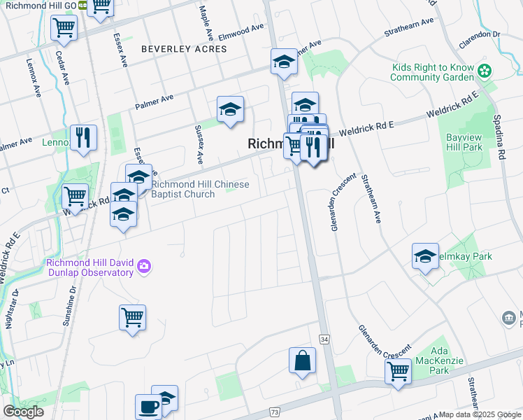 map of restaurants, bars, coffee shops, grocery stores, and more near 175 Milky Way Drive in Richmond Hill