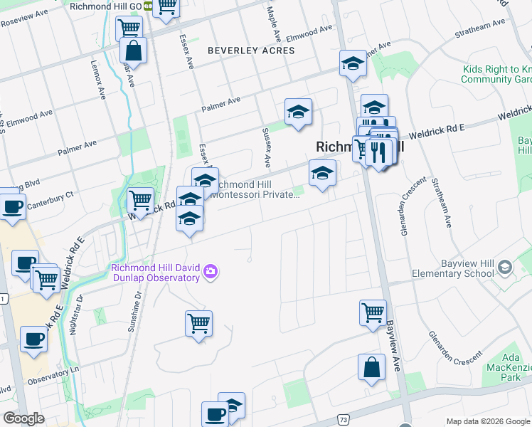 map of restaurants, bars, coffee shops, grocery stores, and more near 5 Kirsten Street in Richmond Hill