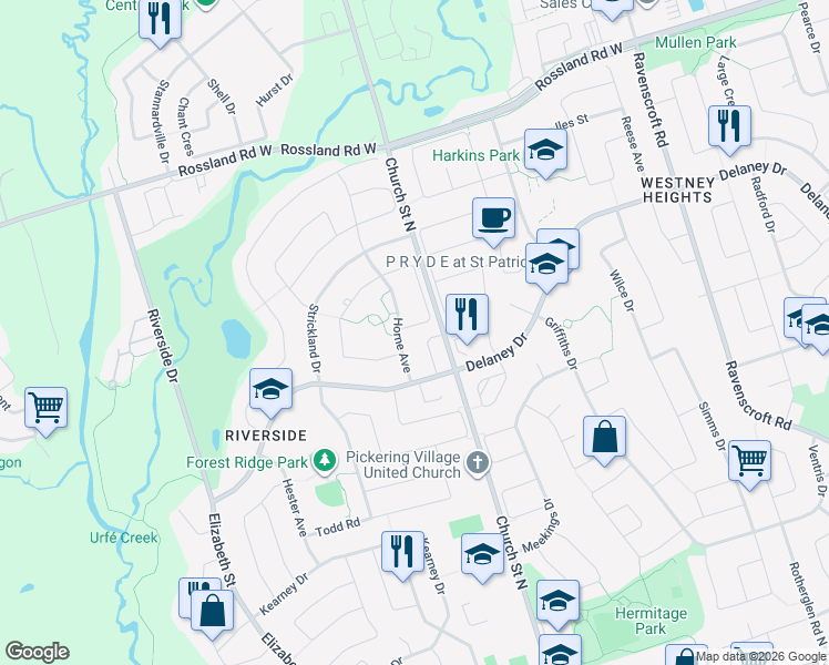 map of restaurants, bars, coffee shops, grocery stores, and more near 3 Gill Crescent in Ajax