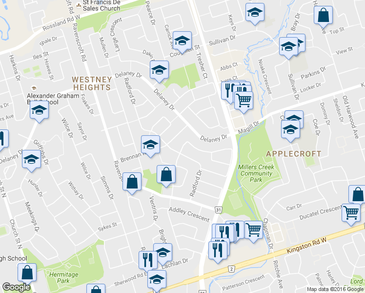 map of restaurants, bars, coffee shops, grocery stores, and more near 64 Chatfield Drive in Ajax