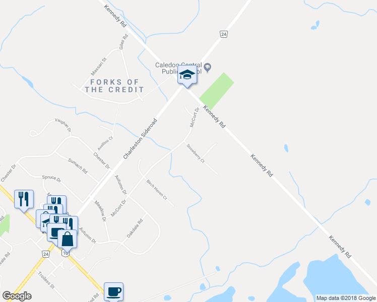 map of restaurants, bars, coffee shops, grocery stores, and more near 4 Snowberry Court in Caledon