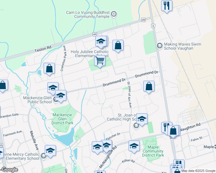 map of restaurants, bars, coffee shops, grocery stores, and more near 163 Drummond Drive in Vaughan