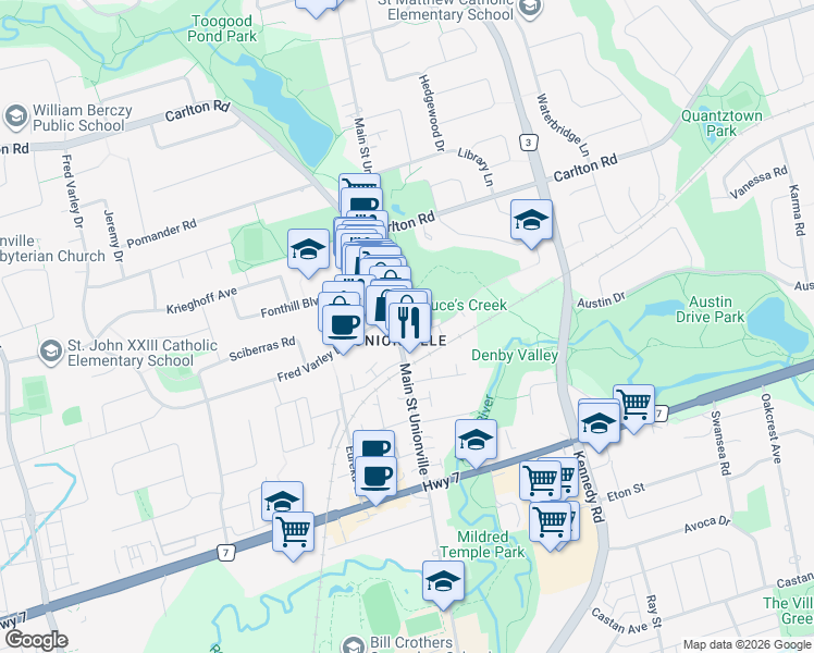 map of restaurants, bars, coffee shops, grocery stores, and more near 141 Main Street Unionville in Markham