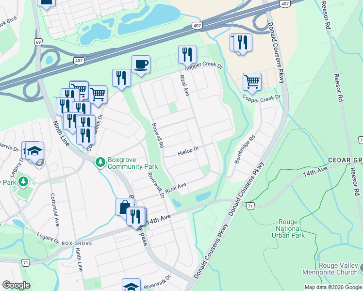 map of restaurants, bars, coffee shops, grocery stores, and more near 19 Lundy Drive in Markham