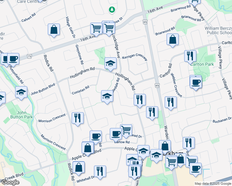 map of restaurants, bars, coffee shops, grocery stores, and more near 48 Loweswater Avenue in Markham