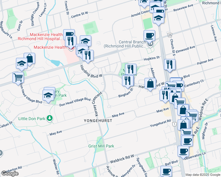 map of restaurants, bars, coffee shops, grocery stores, and more near 48 Ritva Court in Richmond Hill
