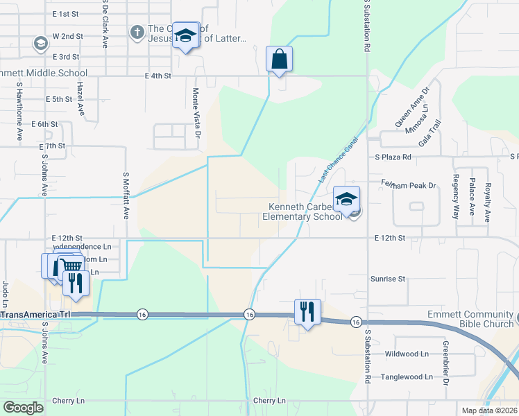 map of restaurants, bars, coffee shops, grocery stores, and more near 1722 East 12th Street in Emmett