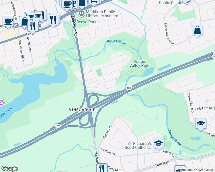 map of restaurants, bars, coffee shops, grocery stores, and more near 33 Schouten Crescent in Markham