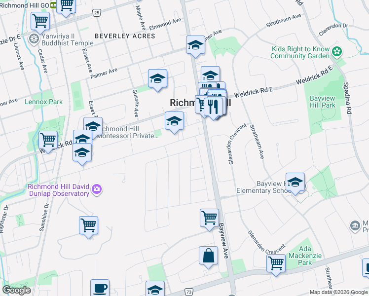 map of restaurants, bars, coffee shops, grocery stores, and more near 181 Milky Way Drive in Richmond Hill