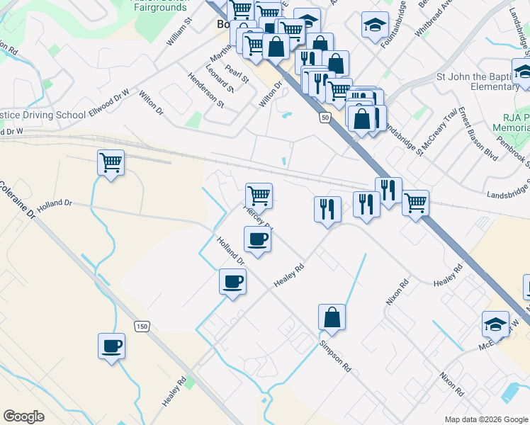 map of restaurants, bars, coffee shops, grocery stores, and more near 511 Piercey Road in Bolton