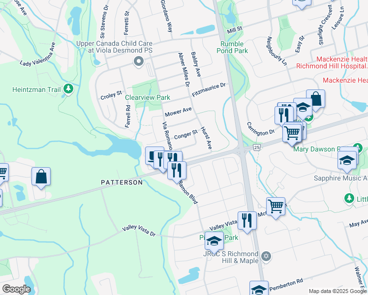 map of restaurants, bars, coffee shops, grocery stores, and more near Scuffler Drive in Vaughan