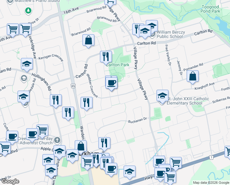 map of restaurants, bars, coffee shops, grocery stores, and more near 4 Charrington Crescent in Markham