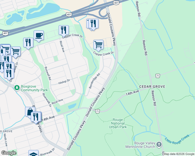 map of restaurants, bars, coffee shops, grocery stores, and more near 73 Bernbridge Road in Markham