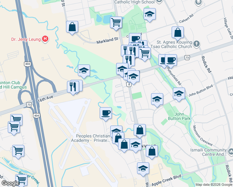 map of restaurants, bars, coffee shops, grocery stores, and more near 52 Drew Kelly Way in Markham