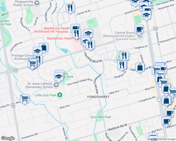map of restaurants, bars, coffee shops, grocery stores, and more near 18 Lippincott Court in Richmond Hill