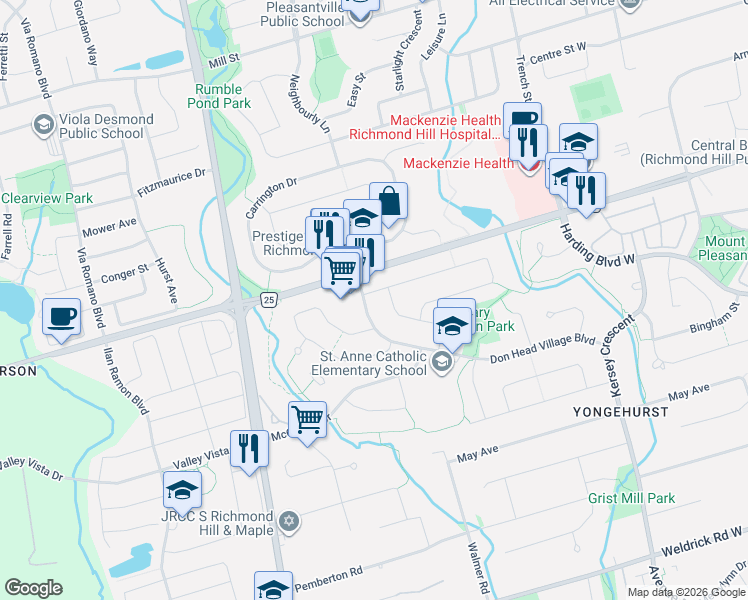 map of restaurants, bars, coffee shops, grocery stores, and more near 180 Don Head Village Boulevard in Richmond Hill