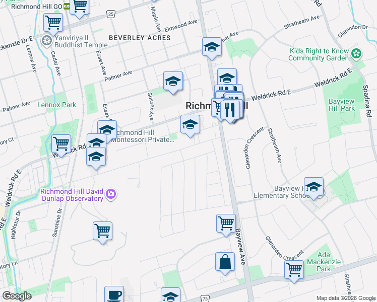 map of restaurants, bars, coffee shops, grocery stores, and more near 171 Milky Way Drive in Richmond Hill