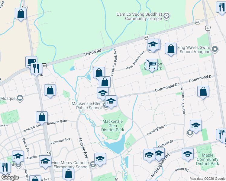 map of restaurants, bars, coffee shops, grocery stores, and more near 1 Maple Meadows Lane in Vaughan