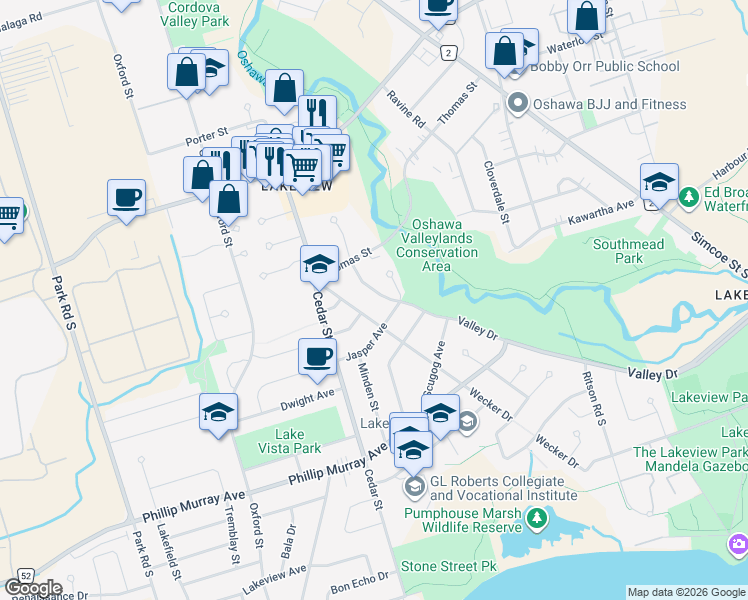 map of restaurants, bars, coffee shops, grocery stores, and more near in Oshawa