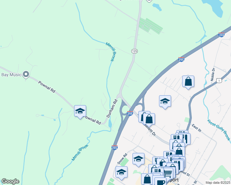 map of restaurants, bars, coffee shops, grocery stores, and more near 23 Maine 125 in Freeport