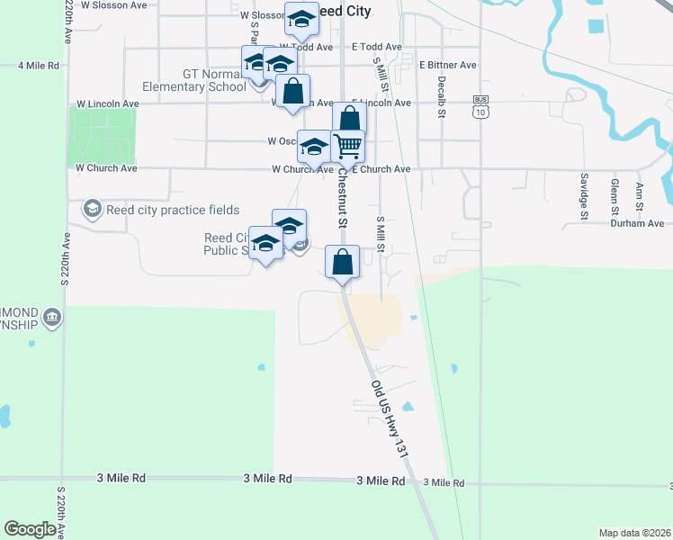 map of restaurants, bars, coffee shops, grocery stores, and more near 801 South Chestnut Street in Reed City