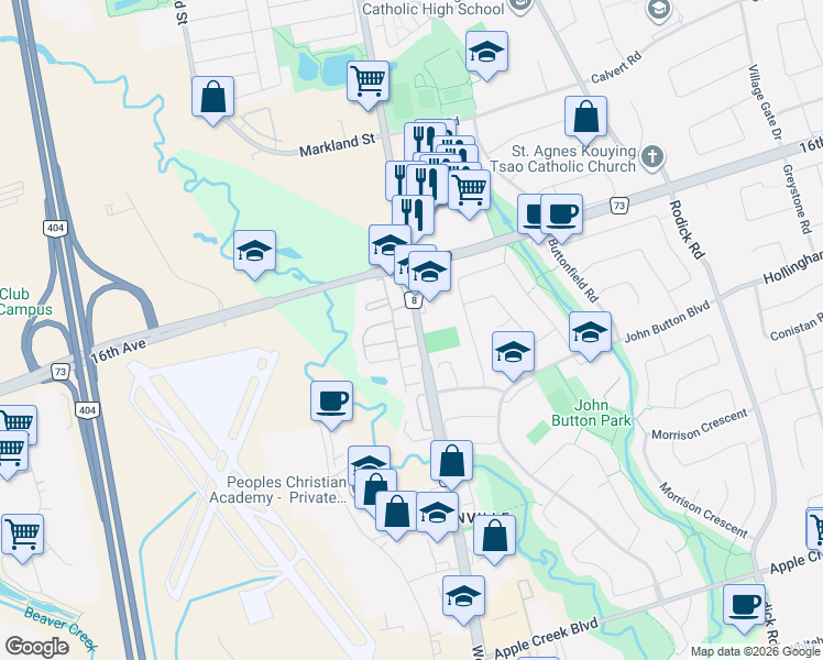 map of restaurants, bars, coffee shops, grocery stores, and more near 15 Albert Baily Way in Markham