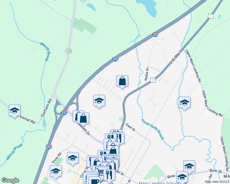 map of restaurants, bars, coffee shops, grocery stores, and more near 10 Kendall Lane in Freeport
