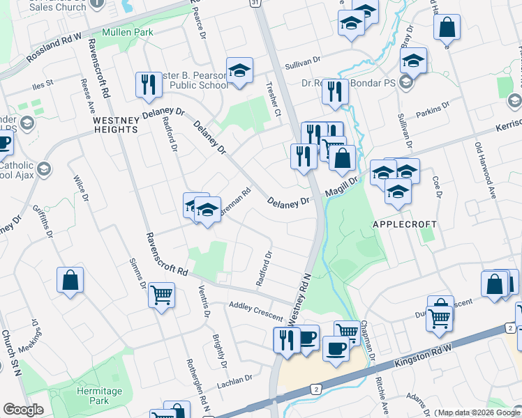 map of restaurants, bars, coffee shops, grocery stores, and more near 82 Chatfield Drive in Ajax