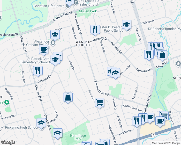 map of restaurants, bars, coffee shops, grocery stores, and more near 151 Ravenscroft Road in Ajax