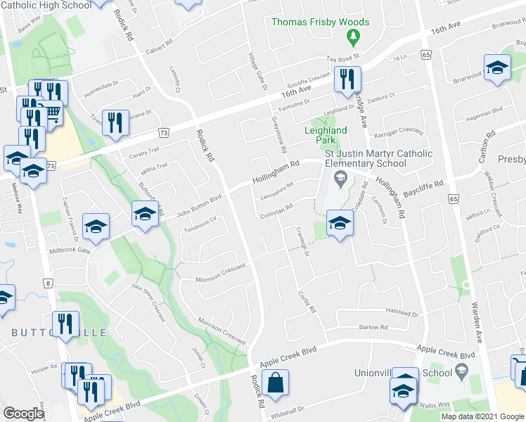 map of restaurants, bars, coffee shops, grocery stores, and more near 34 Conistan Road in Markham