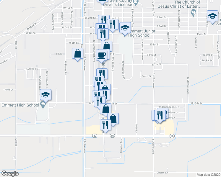map of restaurants, bars, coffee shops, grocery stores, and more near 1013 South Hayes Avenue in Emmett