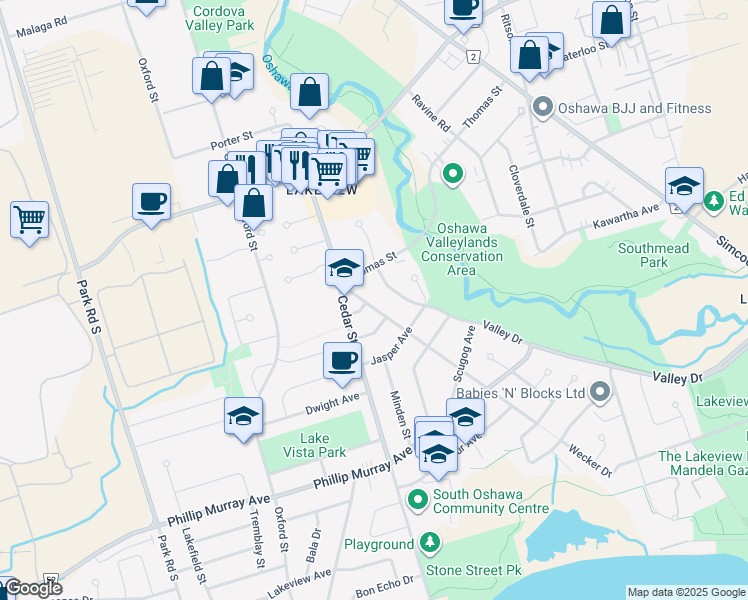 map of restaurants, bars, coffee shops, grocery stores, and more near 1207 Wecker Drive in Oshawa