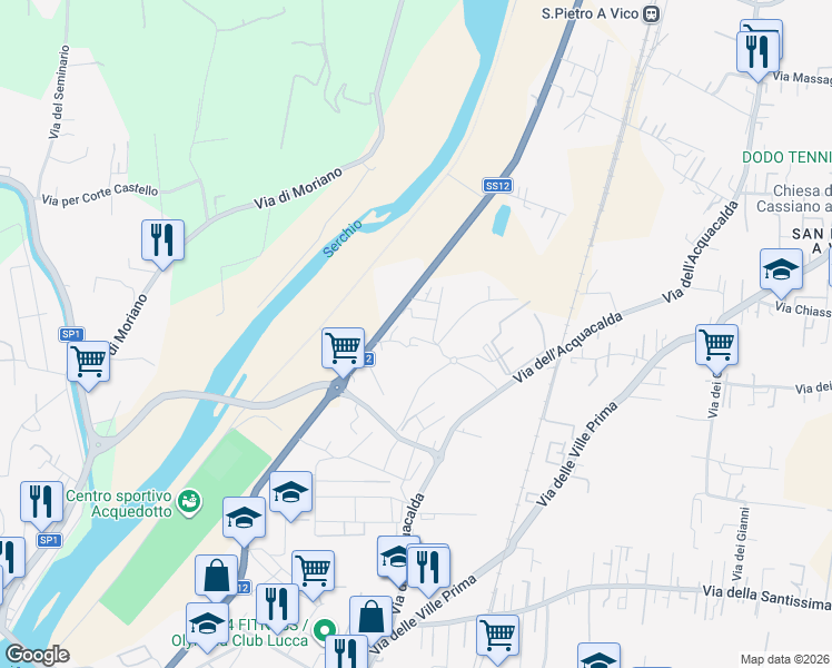 map of restaurants, bars, coffee shops, grocery stores, and more near 141 Via Pasquinetti in Lucca
